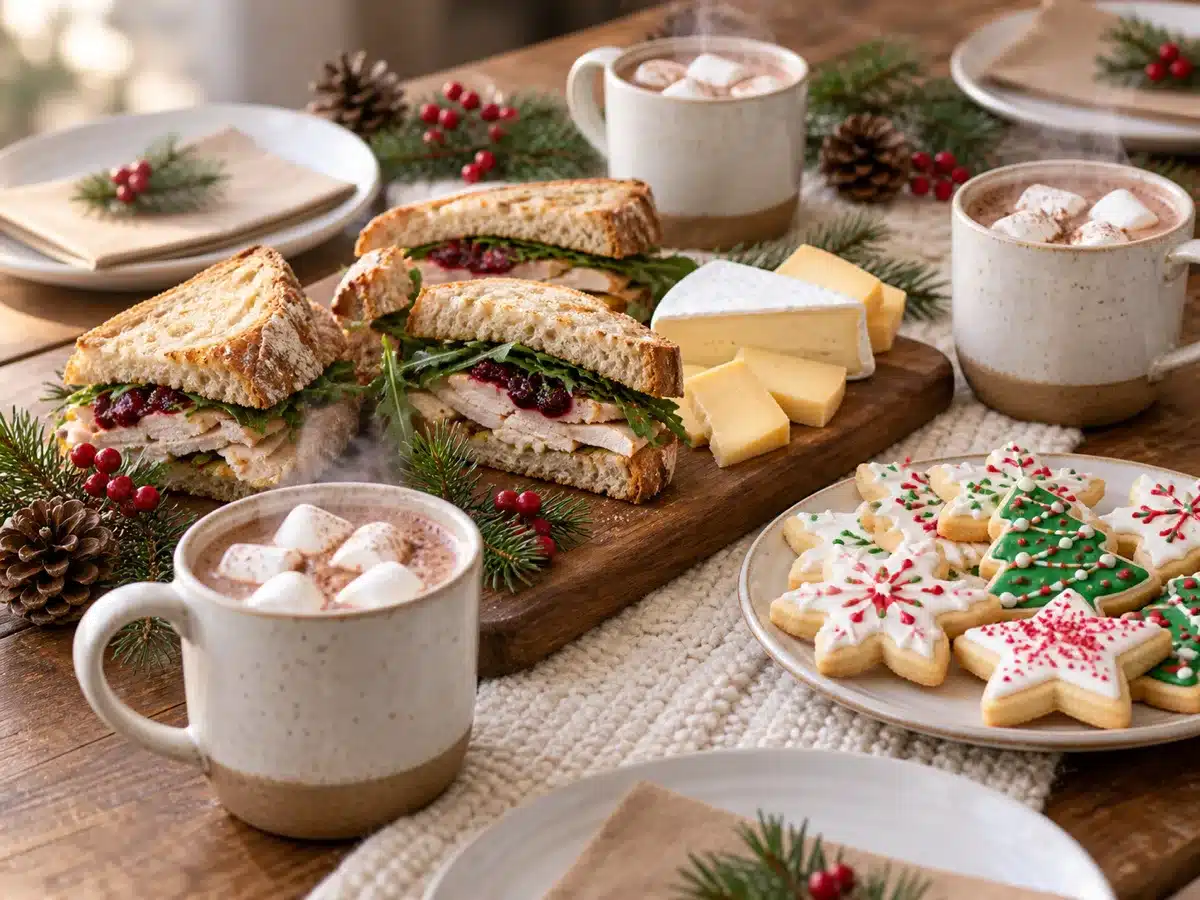 Holiday lunch table with sandwiches, decorated cookies, hot cocoa and pine sprigs