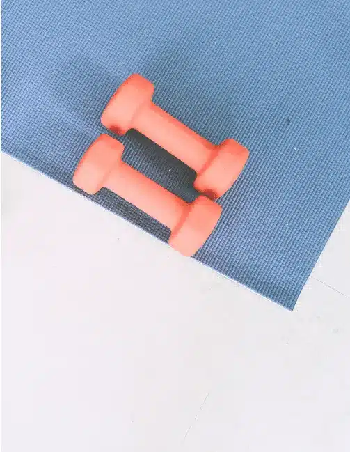 A pair of coral dumbbells on a blue yoga mat