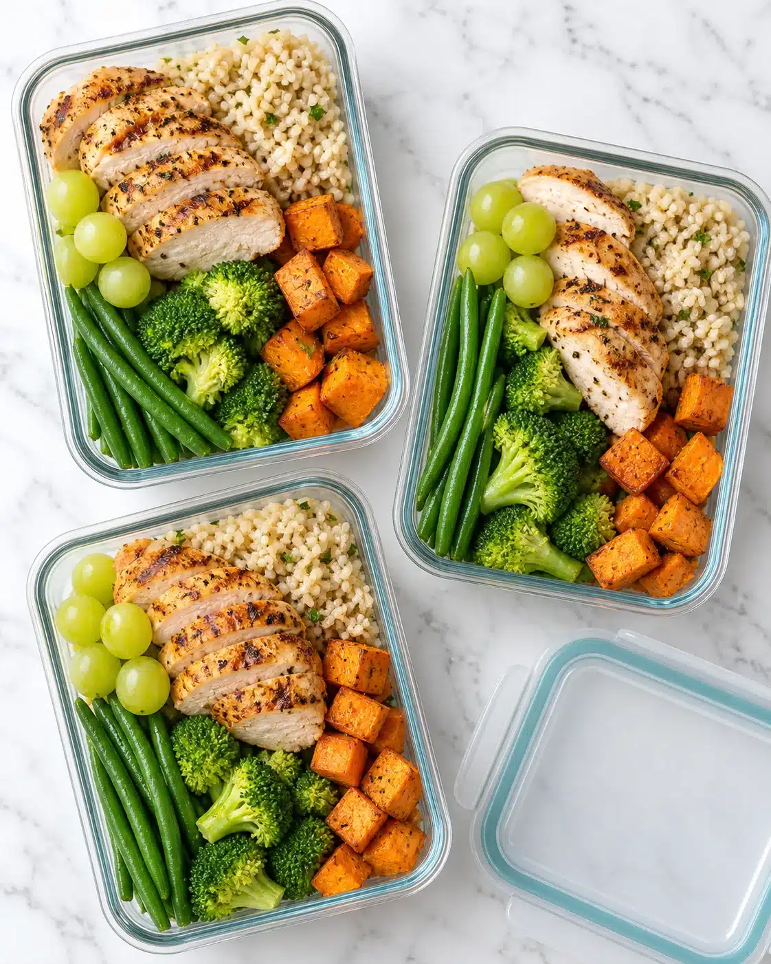 Overhead view of glass meal-prep containers with grilled chicken, roasted vegetables and brown rice