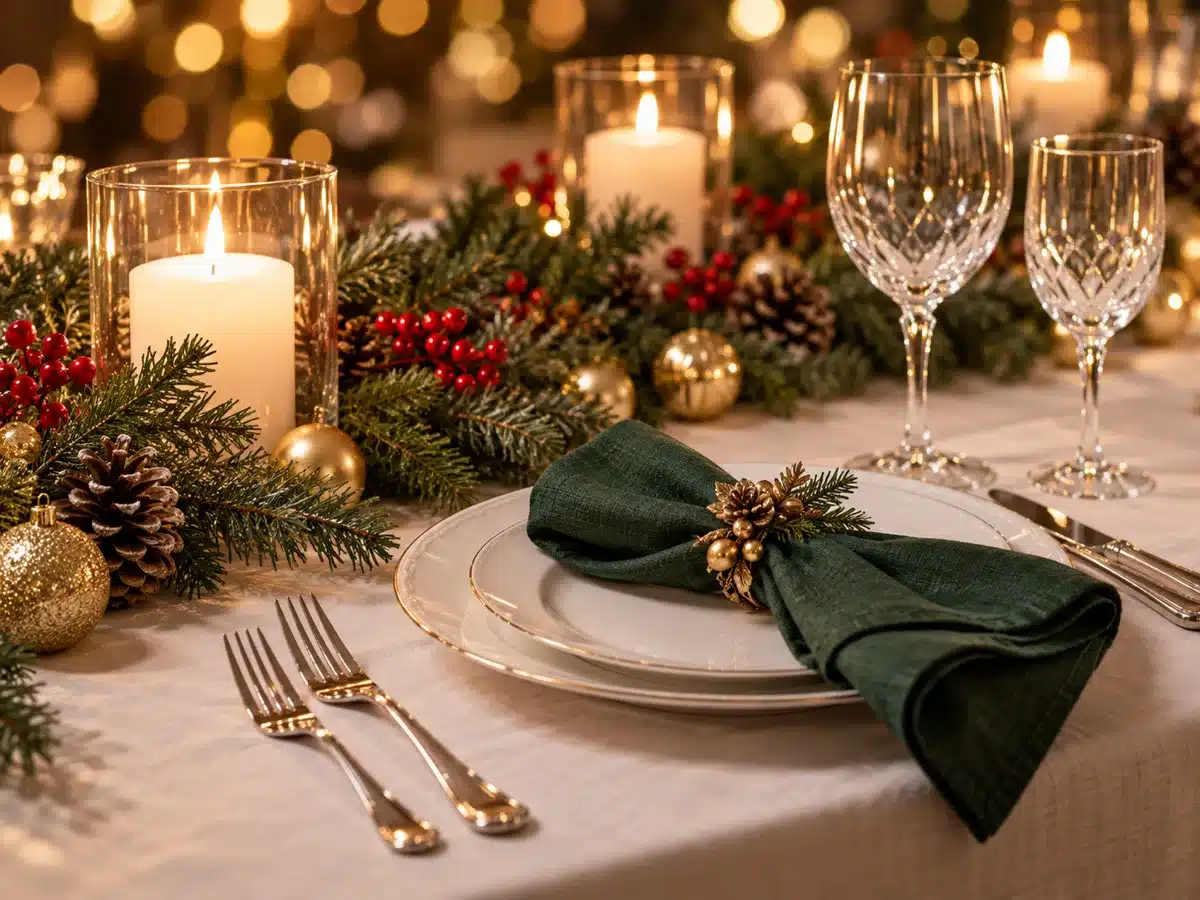 Holiday dinner table set with pine garland, red berries, candles and wine glasses