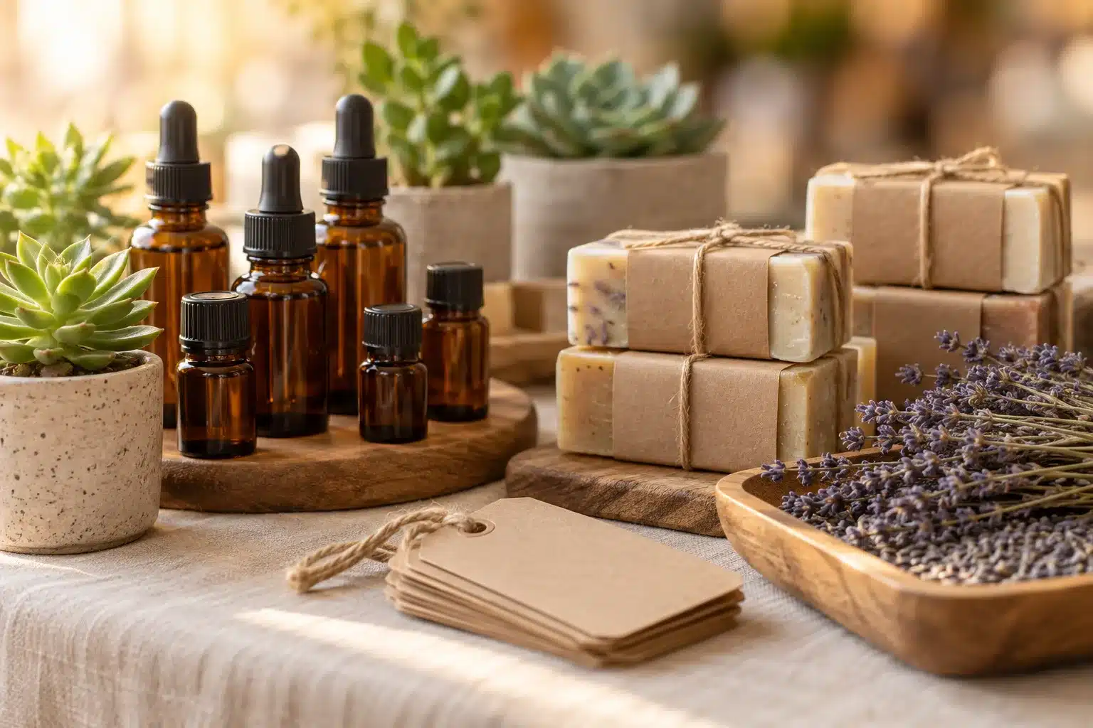 Wellness vendor table with essential oils, handmade soaps and potted succulents